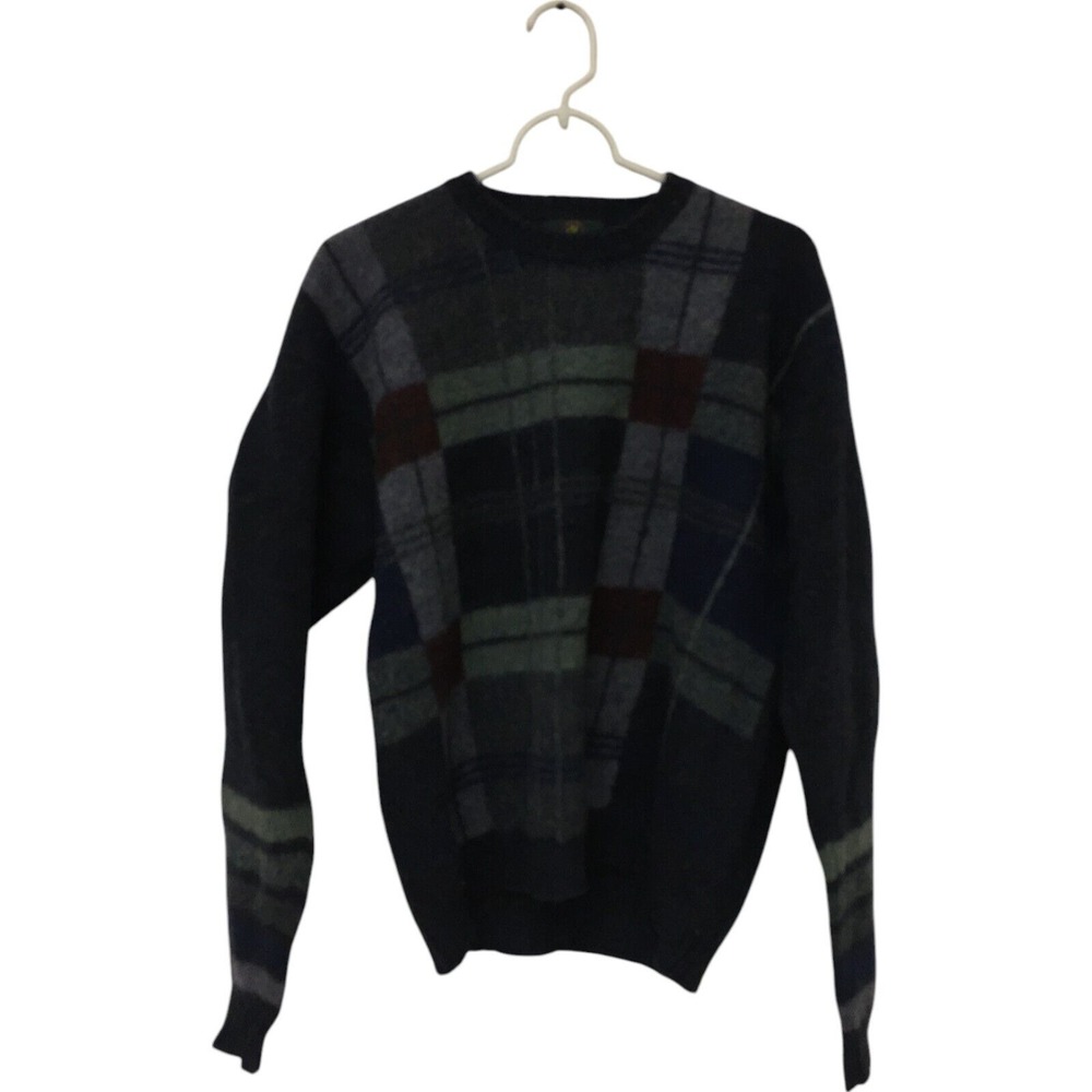 Club Room Pullover Sweater Gray Plaid Mens Medium Shetland Pure Wool Long Sleeve
